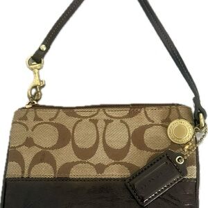 Coach Signature Stripe Wristlet Khaki Brown Canvas Style 41637